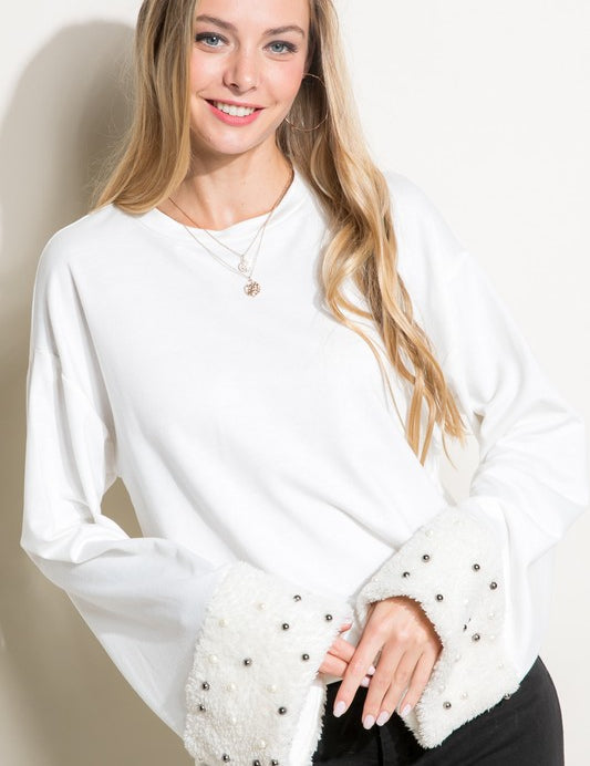 Women's Casual Faux Fur Pearls Sweatshirt