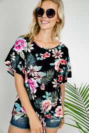 Women's Floral Ruffle Sleeve Tie Bottom Top