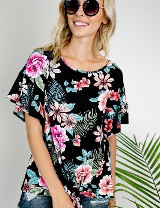 Women's Floral Ruffle Sleeve Tie Bottom Top