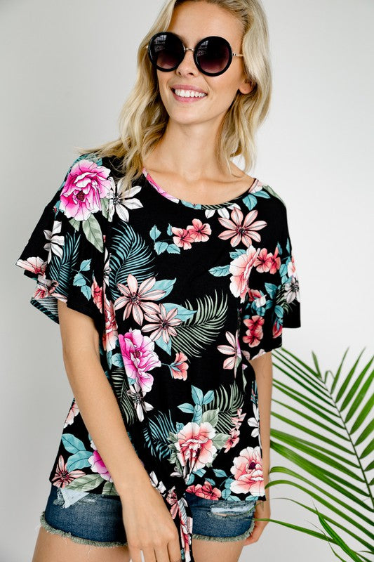 Women's Floral Ruffle Sleeve Tie Bottom Top