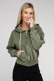 Women's Relaxed Fit Acid Wash Fleece Cropped Zip-Up Hoodie