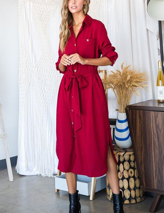 Women's Belted Button Down Long Dress