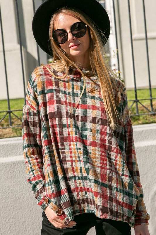 Women's Oversized Plaid Mock Neck Top with Side Buttons