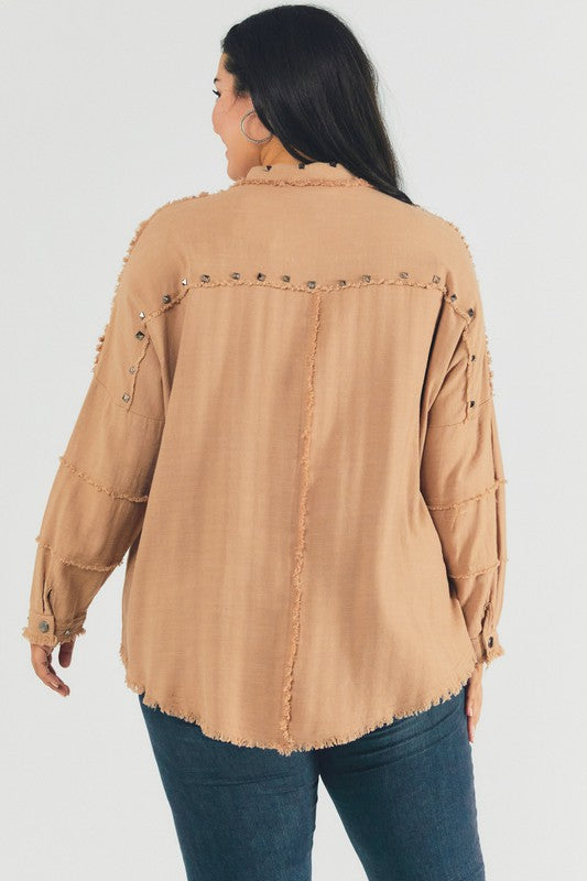 Plus Size Oversized Distressed Hem Button-Down Shirt