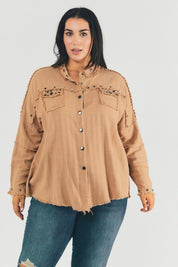 Plus Size Oversized Distressed Hem Button-Down Shirt