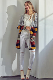 Women's Open Front Brushed Stripe Cardigan with Pockets