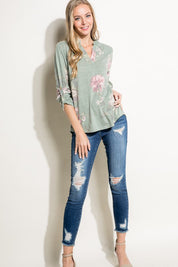 Women's Casual Floral Split Neck Long Sleeve Top