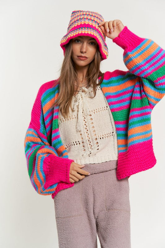 Women's Relaxed Fit Chunky Knit Multi-Striped Cardigan