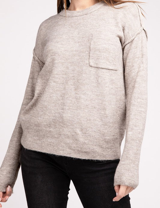 Melange Hi-Low Hem Round Neck Sweater