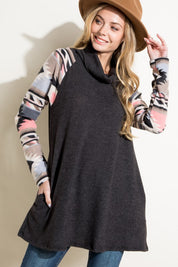 Women's Casual Loose Fit Aztec Print Turtle Neck Tunic Top