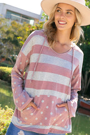 Women's Boxy Fit Polka Dot Stripe Mix Hoodie Sweatshirt