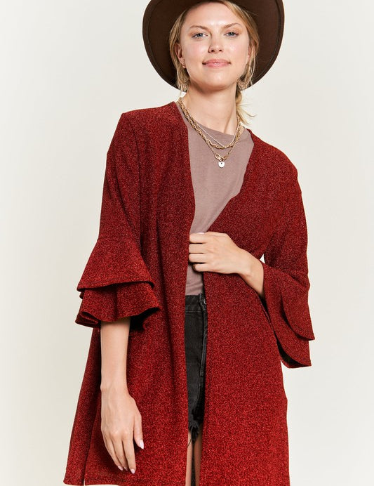 Women's Glitter Bell Sleeve Kimono Cardigan with Pockets