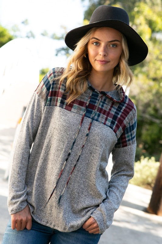 Women's Casual Regular Fit Plaid and Solid Mixed Hoodie Top