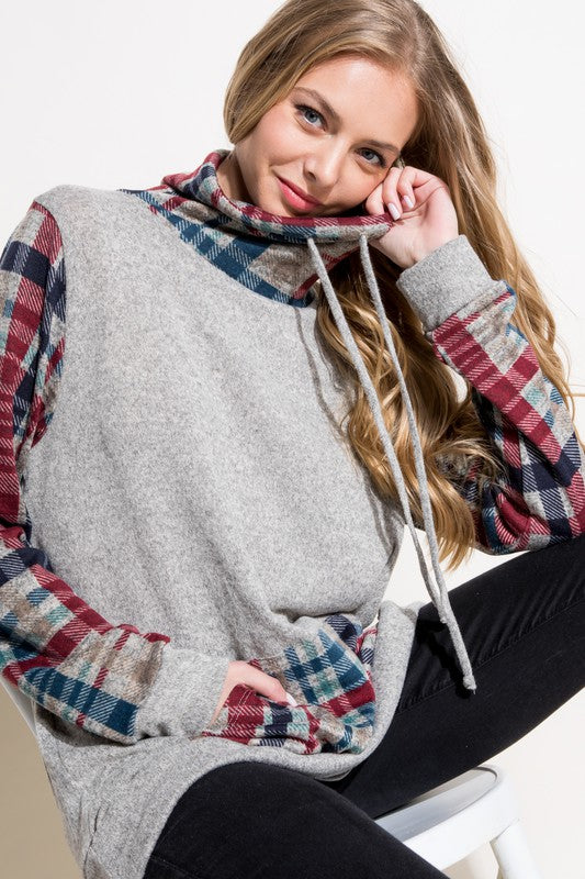 Women's Casual Plaid Mixed Turtle Neck Sweatshirt