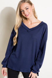 Women's Solid Waffle V Neck High Low Boxy Top