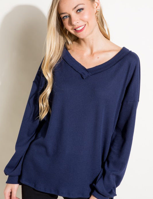 Women's Solid Waffle V Neck High Low Boxy Top