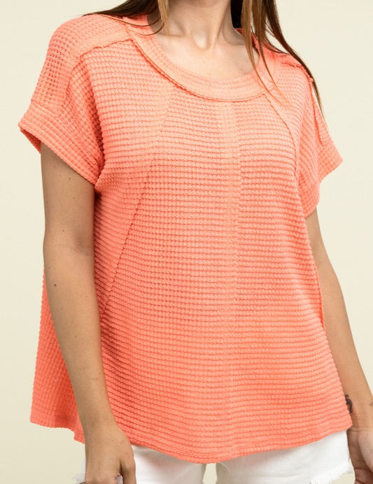 Brushed Waffle Exposed-Seam Short Sleeve Top