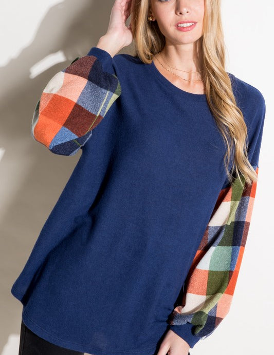 Plus Size Casual Multi Plaid Mixed Long Sleeve Top