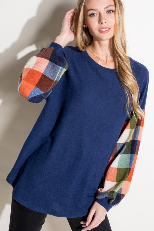 Plus Size Casual Multi Plaid Mixed Long Sleeve Top