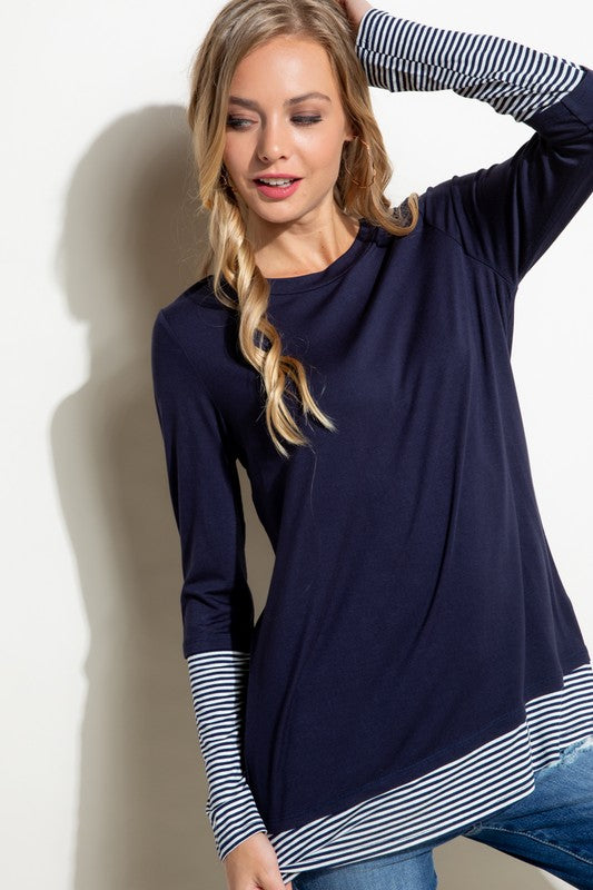 Plus Size Casual Pin Stripe Mixed Long Sleeve Top