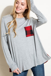 Women's Loose Fit Solid and Plaid Long Sleeve Top