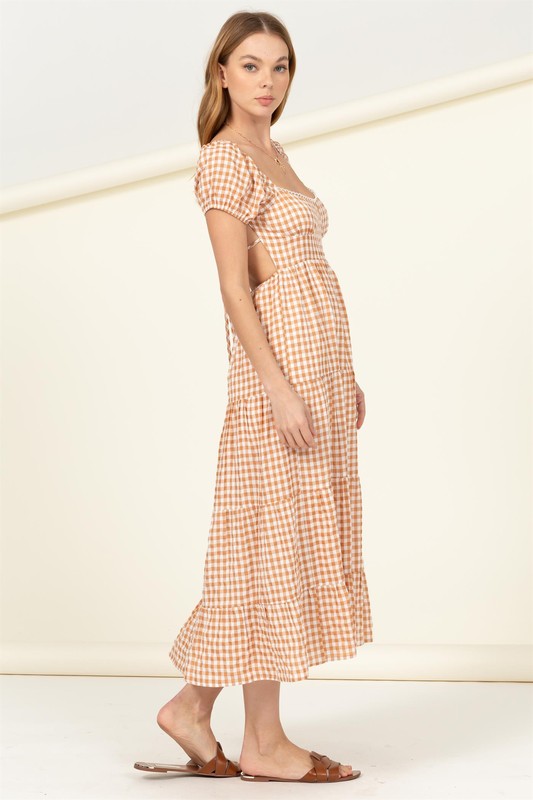 Women's Boho Gingham Print Maxi Dress with Tie Back