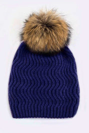 Women's Chevron Knit Beanie with Detachable Raccoon Fur PomPom