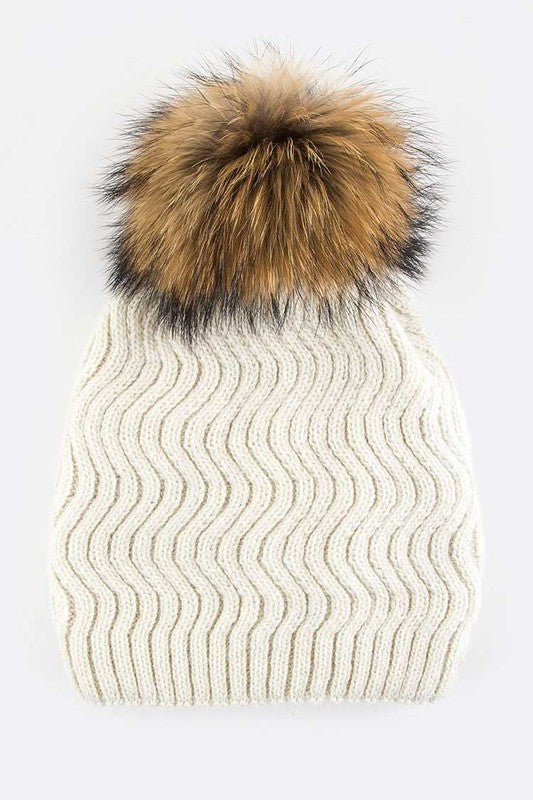 Women's Chevron Knit Beanie with Detachable Raccoon Fur PomPom