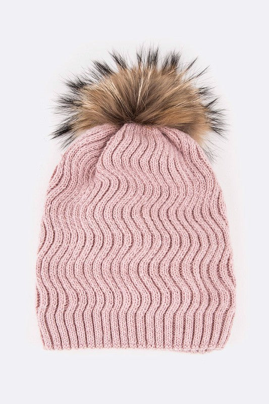 Women's Chevron Knit Beanie with Detachable Raccoon Fur PomPom