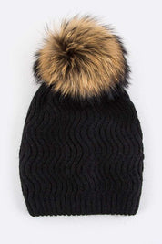 Women's Chevron Knit Beanie with Detachable Raccoon Fur PomPom