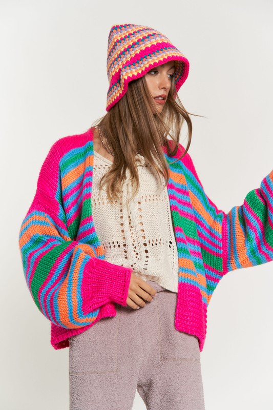 Women's Relaxed Fit Chunky Knit Multi-Striped Cardigan