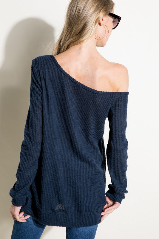 Women's Waffle One Shoulder Long Sleeve Top