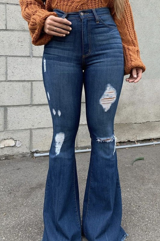 Women's High Rise Bell Bottom Jeans with Ripped Detail