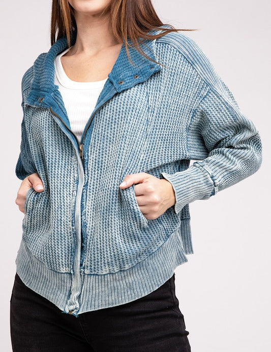 Acid Wash Cotton Waffle Hooded Zip-Up Jacket