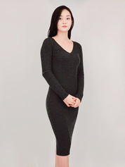 Women's V-Neck Ribbed Knit Midi Sweater Dress