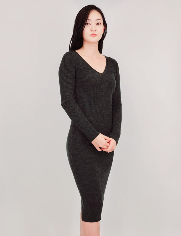 Women's V-Neck Ribbed Knit Midi Sweater Dress