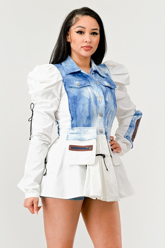 Women's Peplum Denim Jacket with Puffy Sleeves