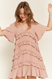 Women's Tiered Ruffle Mini Dress with Flare Sleeves