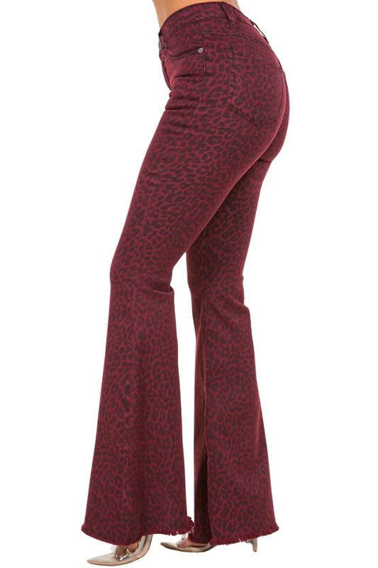 Women's Burgundy Leopard Print Bell Bottom Jeans