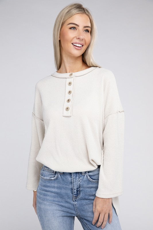 Women's Casual Ribbed Henley Sweater with Bell Sleeves