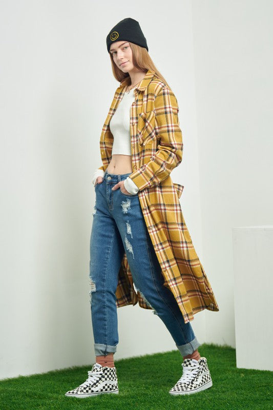 Women's Belted Plaid Print Long Shirt Dress