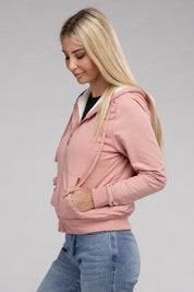 Fuzzy Trim Zip-Up Crop Hoodie