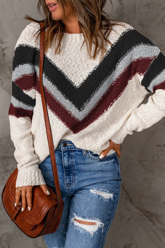 Women's Trendy Chevron Striped Drop Shoulder Sweater