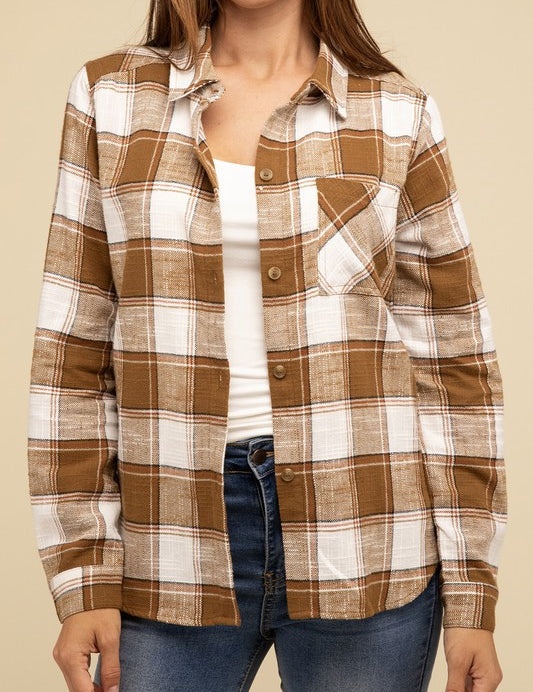 Cotton Plaid Shacket With Front Pocket