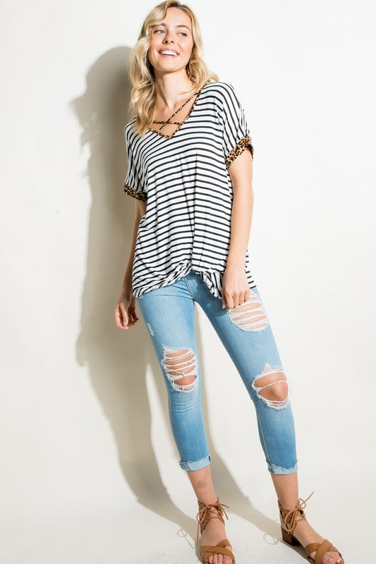 Women's Stripe Animal V Neck Loose Top