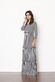 Women's Three-Tiered Ruffle Maxi Dress with Thin Stripes