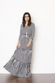 Women's Three-Tiered Ruffle Maxi Dress with Thin Stripes