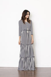 Women's Three-Tiered Ruffle Maxi Dress with Thin Stripes