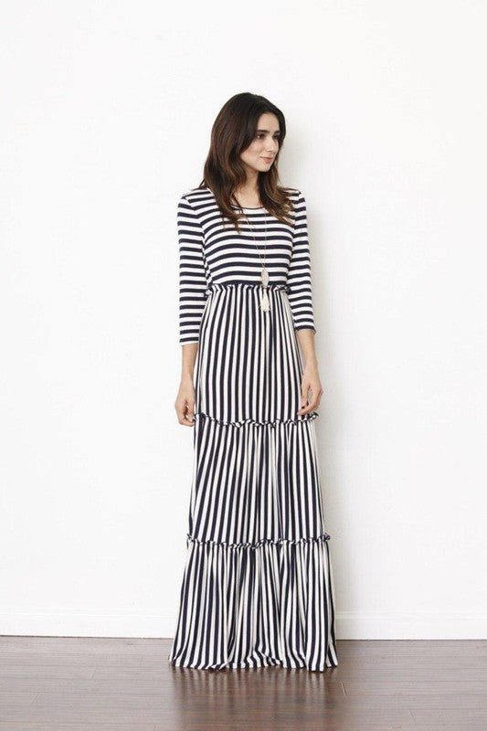 Women's Three-Tiered Ruffle Maxi Dress with Thin Stripes