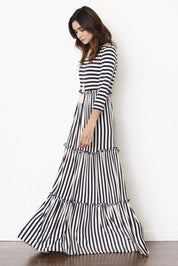 Women's Three-Tiered Ruffle Maxi Dress with Thin Stripes